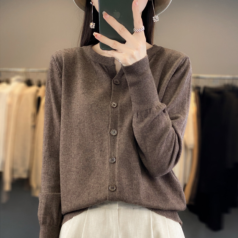 Wool Blend 2026 Spring New Short Sweater Loose Round V-Neck Solid Color Buttoned Knit Top Cardigan Jacket