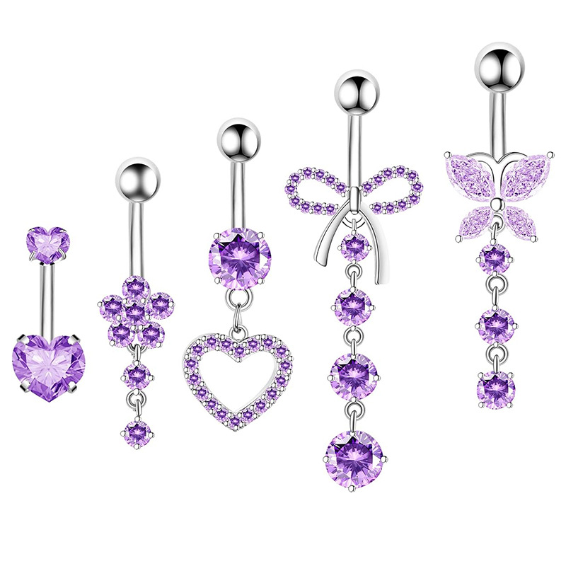 Amazon Hot Selling Gold Pink Zircon 5-Piece Navel Ring Set Stainless Steel Copper Geometric Body Jewelry detail image 7