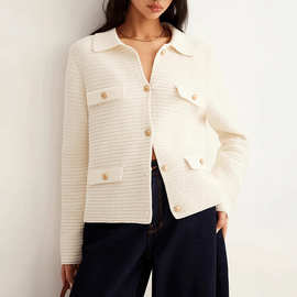 欧美跨境亚马逊独立站秋冬新款金属纽扣休闲优雅针织开衫毛衣女装