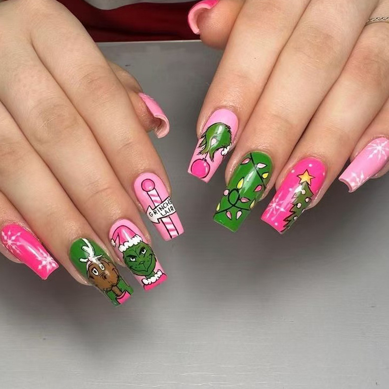 Grinch Medium Round Striped Pocket Cane Christmas Element Fake Nails Finished Wearable Nails Holiday Cross-Border Grinch Medium Round Striped Pocket Cane Christmas Element Fake Nails Finished Wearable Nails Holiday Cross-Border