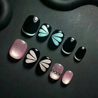 Wearable black and pink gradient cat-eye fan-shaped mint green striped French black and pink contrasting color fake nail stickers for cross-border sales Wearable black and pink gradient cat-eye fan-shaped mint green striped French black and pink contrasting color fake nail stickers for cross-border sales