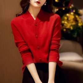 复古中国风开衫女装2023冬季新款气质时尚打底衫新年红色针织上衣