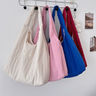 4943 Ins Simple Shoulder Bag for Women Large Capacity Pleated Solid Color Cloth Bag Casual Summer New Style Lightweight Vest Bag