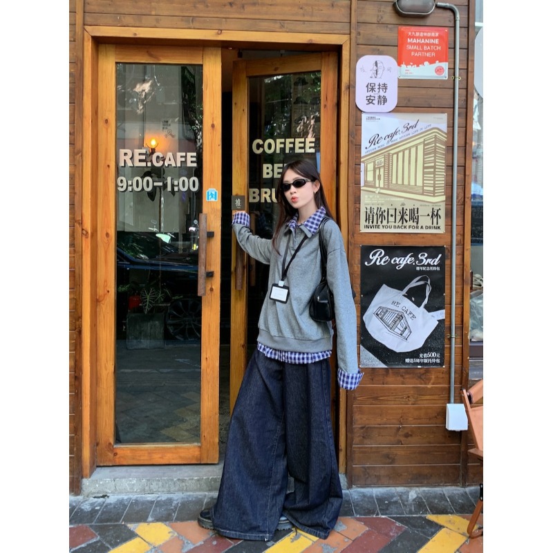 모닝 칼라 [원래 품질] 가짜 투피스 체크 스티칭 긴 소매 티셔츠 여성용 가을 느슨한 게으른 바람 옷깃