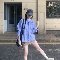 实拍实价韩版蓝色蝴蝶结绑带设计感衬衫女条纹百搭宽松慵懒风上衣