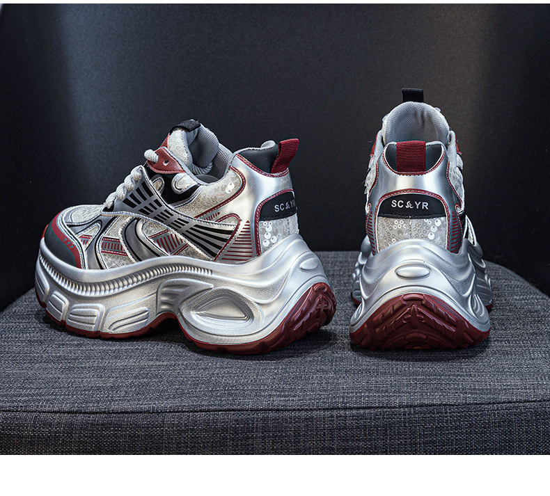 Giày sneaker chunky đế dày độn cao bên trong nữ phong cách thể thao thời trang mùa hè 2025 — M2832 màu đỏ, M2832 màu be, M2832 màu bạc chi tiết 22