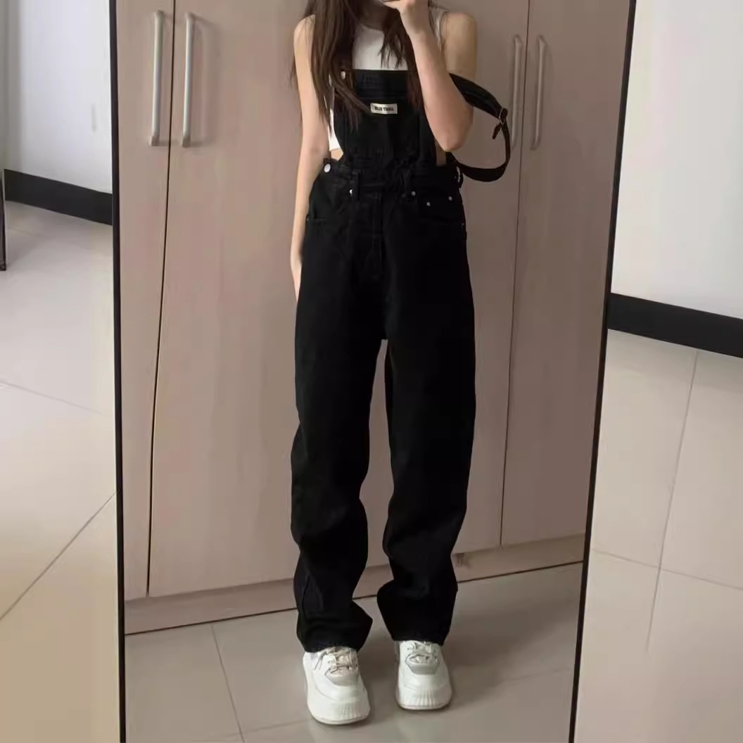 背带裤女韩版宽松学生洋气减龄显瘦直筒阔腿裤百搭高腰牛仔裤子潮