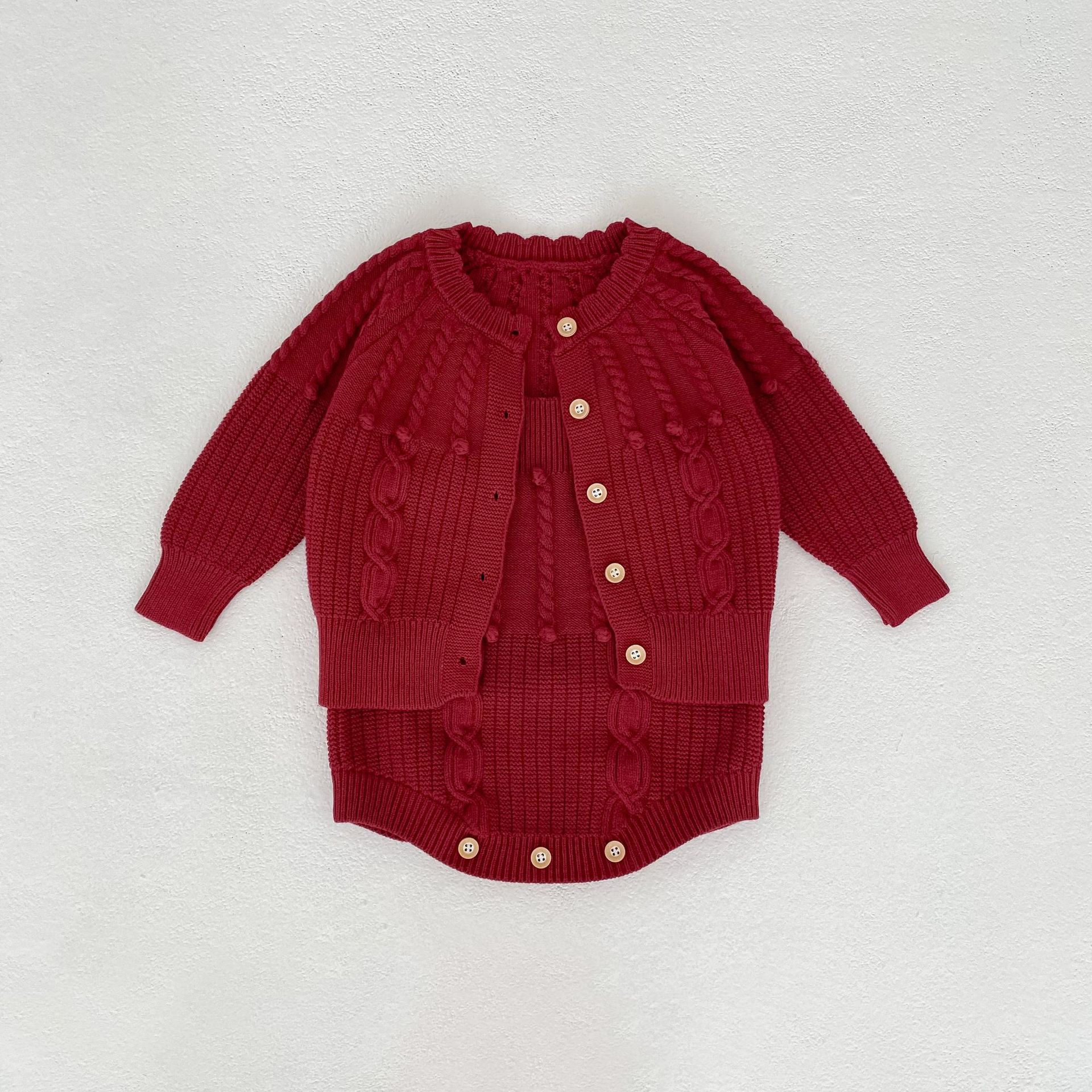 Infant Women's Sweater Hand-hook Bubble Ball Knitted Romper And Coat Two-piece Set