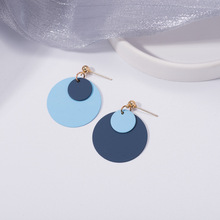 S925銀針韓國簡約雙層圓形藍色系耳釘女2021新款潮時尚冷淡風耳環
