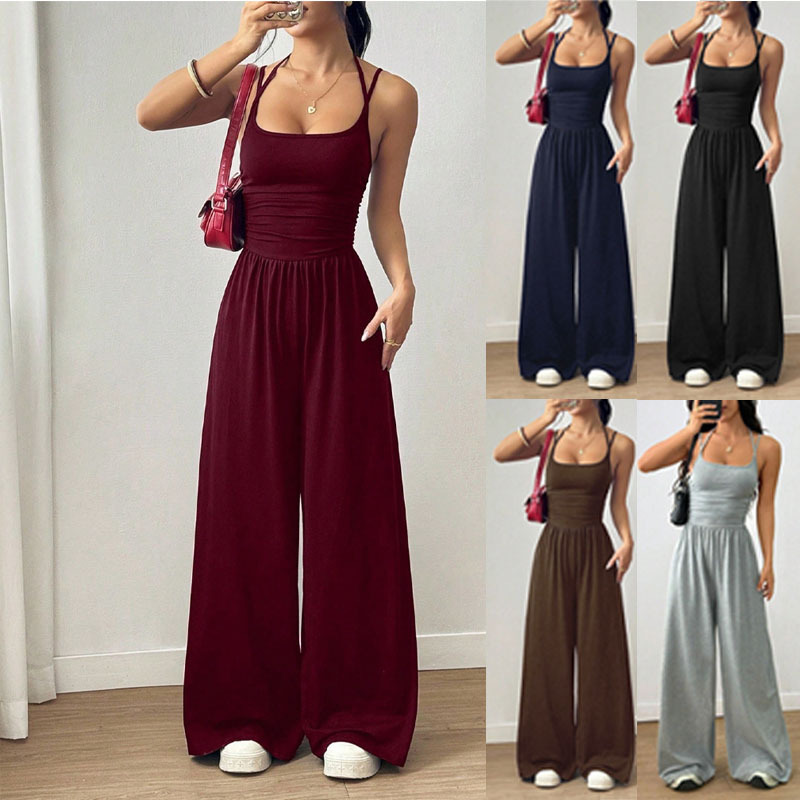 Amazon's Popular Summer European and American Women's Fashion Halter Neck Ruched Waist Backless Jumpsuit Wide-Leg Pants Casual Pants Amazon's Popular Summer European and American Women's Fashion Halter Neck Ruched Waist Backless Jumpsuit Wide-Leg Pants Casual Pants