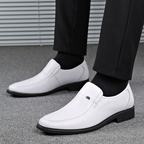 Top-Grade Calfskin Men's Casual Leather Business Formal Loafers Men's White Wedding Shoes with Heel Lift Breathable Men's Shoes