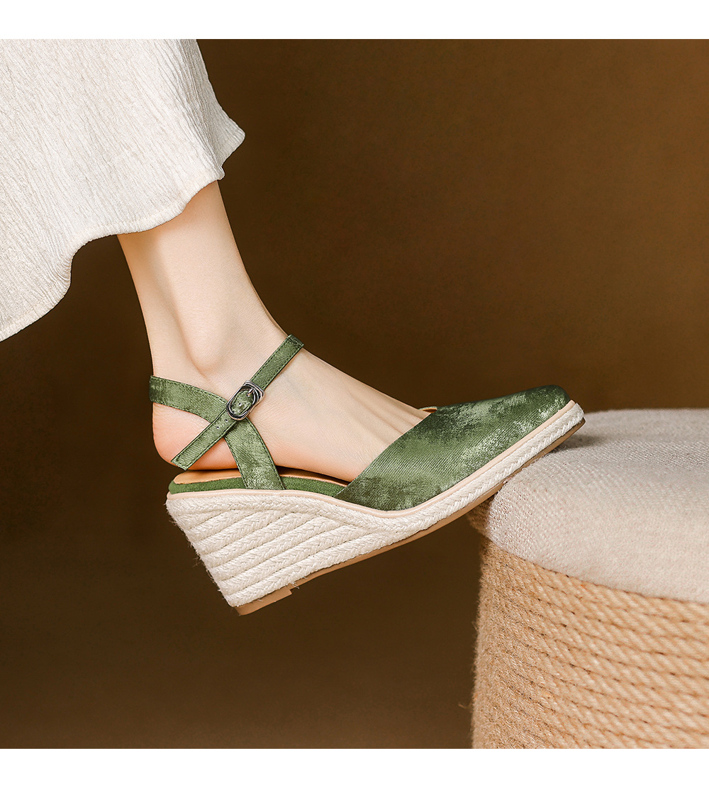 Sandal cao gót nữ phong cách Tân Trung Hoa, mũi kín quai ngang, đế xuồng bện rơm, gót 7 cm — xanh lá cây, màu mơ chi tiết 10