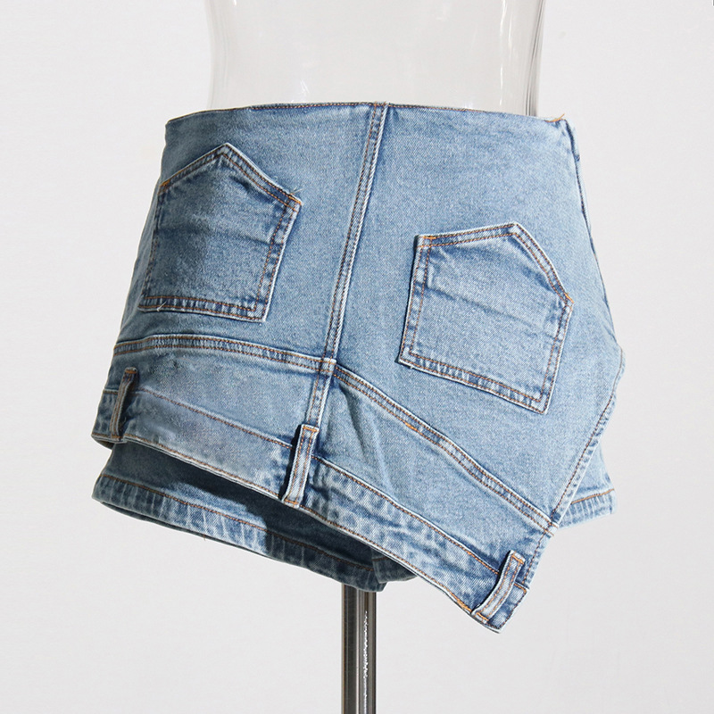 Short en jean taille haute délavé pour femme, extensible, patchwork, ourlet brut, style streetwear_voghion.com
