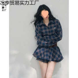 早春一整套ootd穿搭套装韩系polo领格子长袖衬衫配腰带短裤三件套