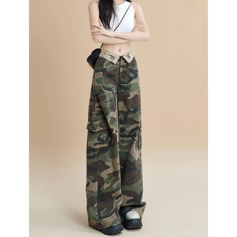 American Camouflage Work Jeans for Girls in Summer, Loose and Versatile, Slimming, High-Waisted, Cuffed, Straight-Leg Floor-Length Trousers American Camouflage Work Jeans for Girls in Summer, Loose and Versatile, Slimming, High-Waisted, Cuffed, Straight-Leg Floor-Length Trousers