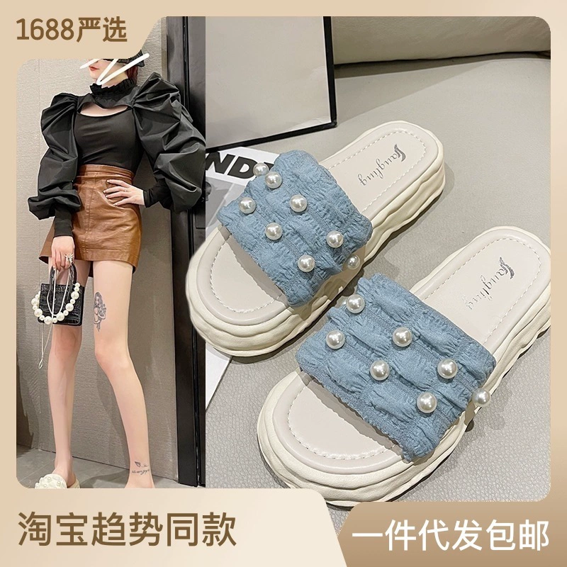 Сандалии с жемчугом Fairy Style, женская летняя верхняя одежда, новинка 2022, повседневные пляжные сандалии с растворенной подошвой и толстой подошвой