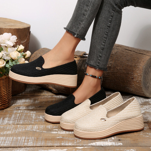 New Autumn Fabric Thick Sole One-Piece Slope Block Loafers for Women, Large Size, 43