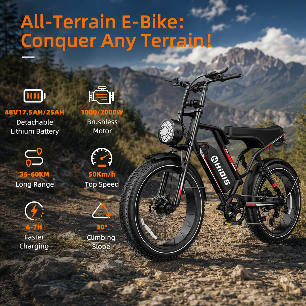20inch Wide-Tire Electric Bicycle with Power Assist, 1000W, Motorcycle-Like Riding Experience, Dropshipping from European and American Overseas Warehouses