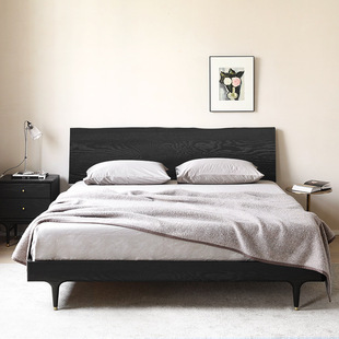 Nordic-style Japanese-style retro ancient-style solid wood natural side high backrest double bed Oak modern minimalist