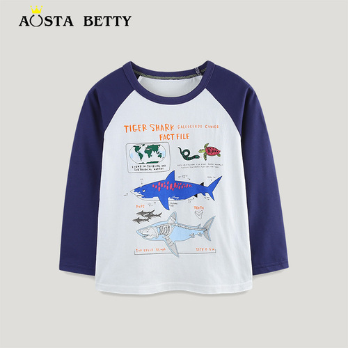 European and American Style Boys' Long-Sleeve T-Shirt Autumn Knit Cotton Children's T-Shirt Fashion Print Middle and Small Children's Sports Top