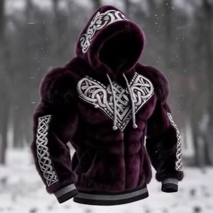 Cross-Border Amazon Independent Site Hot-Selling Nordic Viking Style Fur-Integrated Hooded Sweatshirt with Retro Celtic Pattern