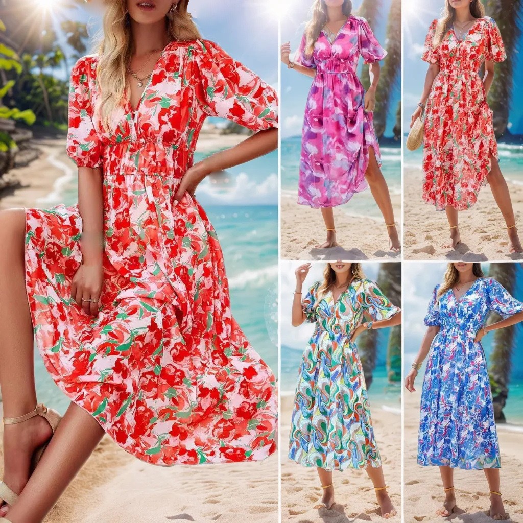 2024 Cross-Border European And American Women's Fashion Export Summer New Floral Long Bohemian Dress_ecoleips.com
