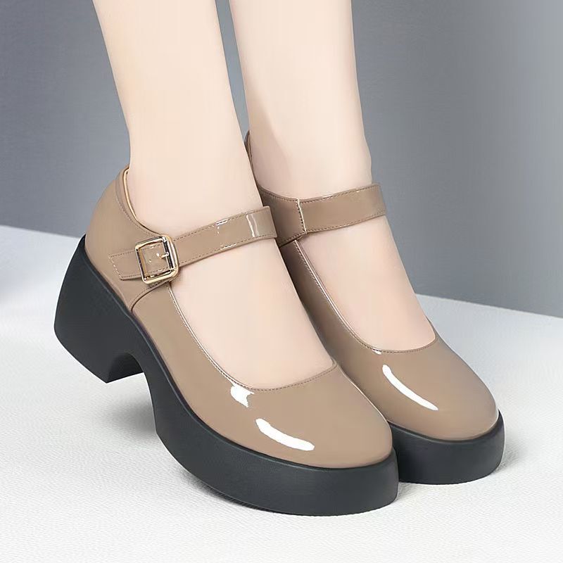 Casual Super Soft Shallow Mouth Buckle Leather Shoes Round Toe Thick Sole Shoes Small Leather Shoes Soft Sole Popular Retro Mom Women's Shoes
