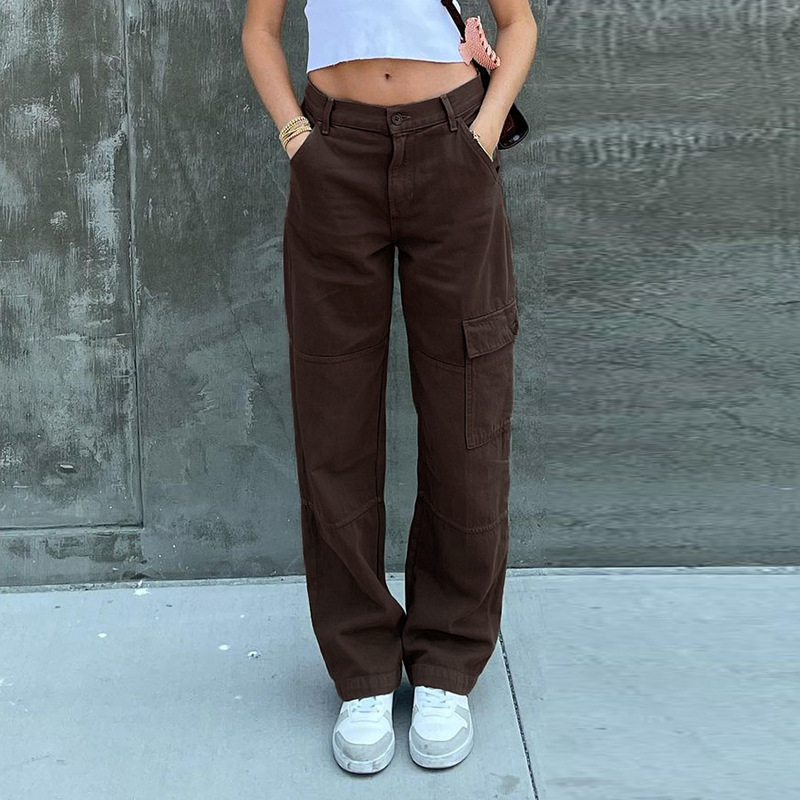 European And American Fashion BF Style Casual Straight Jeans 2021 Autumn New Solid Color Pocket Stitching Overalls Trousers
