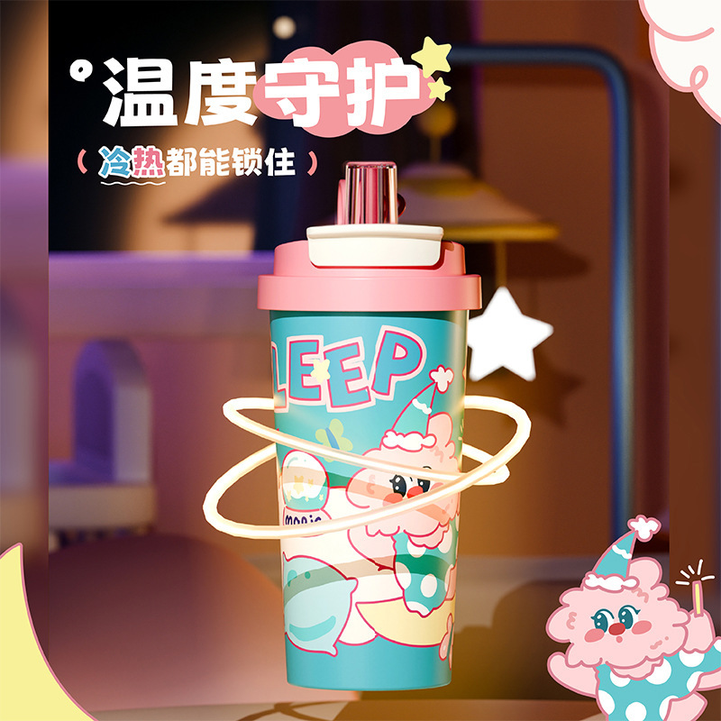 新しい 316 ステンレス鋼魔法瓶カップ、男の子と女の子向けの見栄えの良い漫画ストローカップ、蓋 1 つ、ダブルドリンクコーヒーカップ卸売|undefined