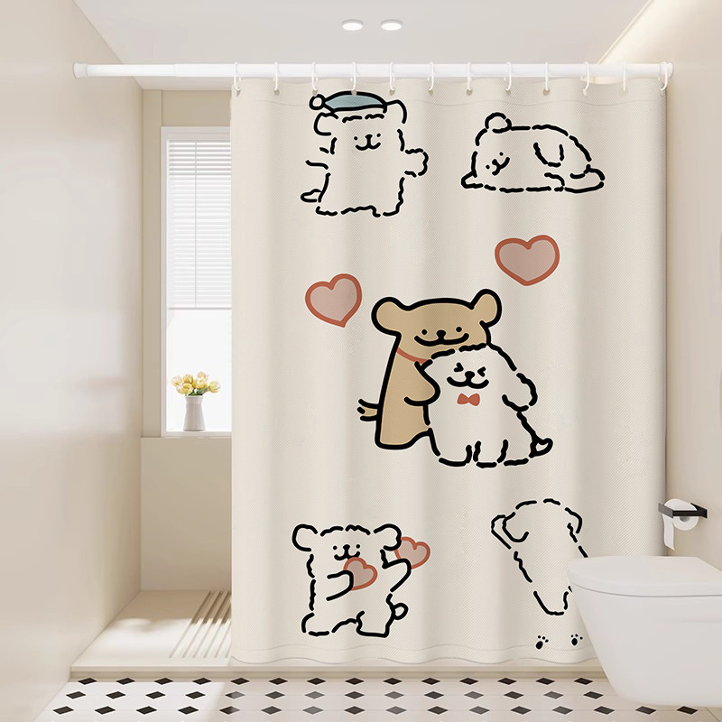 かわいいライン子犬浴室防水布シャワーカーテン浴室パンチフリー間仕切りカーテンシャワーブロックドアカーテン漫画|undefined