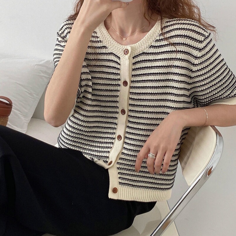 2024 New Versatile Slimming Chic Floral Color-Block Striped Short-Sleeve Lightweight Stylish Knitted Cardigan Ins