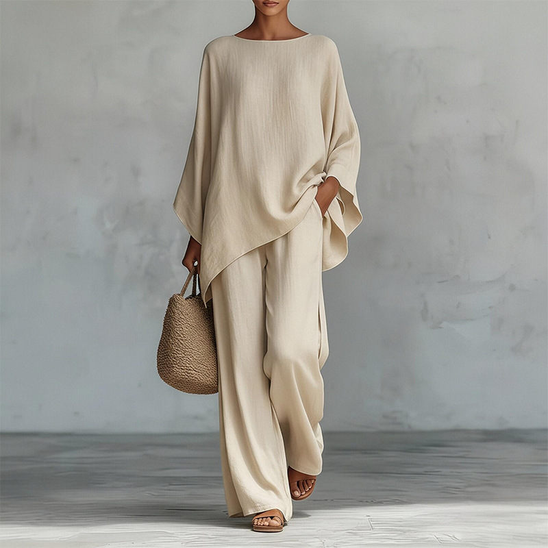 2026 Spring And Summer New Women's Clothing, Fashionable And Elegant Commuting Solid Color Round Neck Casual Suit_ecoleips.com