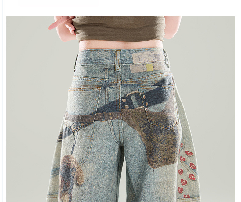 Men's Vintage Washed Print Jeans Hip-Hop Straight-Leg Loose Fit Denim Blue Breathable Polyester Blend S-3XL_mkmklike.com
