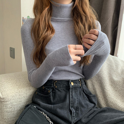  New Colorful Autumn/Winter Solid Color Basic Matchable Knit Top Classic High Collar Long Sleeve Base Shirt