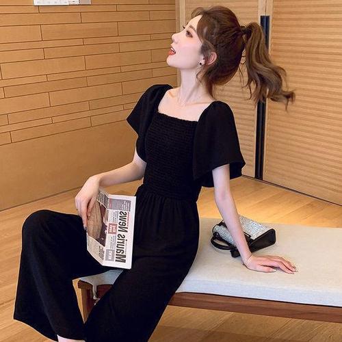 Women's Summer Thin Short Pants, Black Short Sleeve Stylish and Fashionable High-Waisted Slimming Square Collar Wide Leg Pants