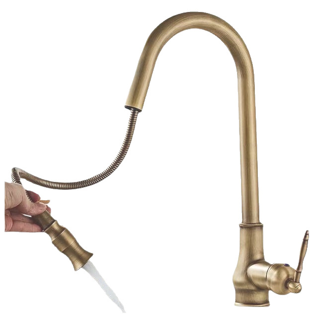 Cobre retro estilo europeo grifo antiguo cepillado oro color vegetal cuenca cocina grifo caliente y fría