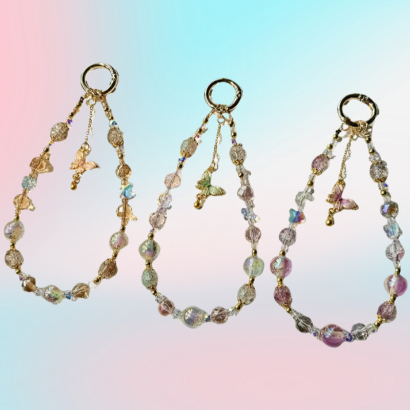 Light Luxury Style Original Beaded Popcorn Crystal Bead Phone Chain Alloy Butterfly High-End Gold Foil Bead Keychain Chain Light Luxury Style Original Beaded Popcorn Crystal Bead Phone Chain Alloy Butterfly High-End Gold Foil Bead Keychain Chain