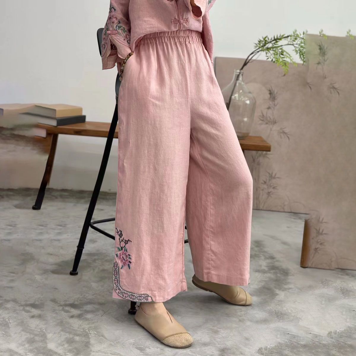 东南亚春秋季大码宽松气质休闲民族风绣花复古棉麻阔腿裤外贸批发