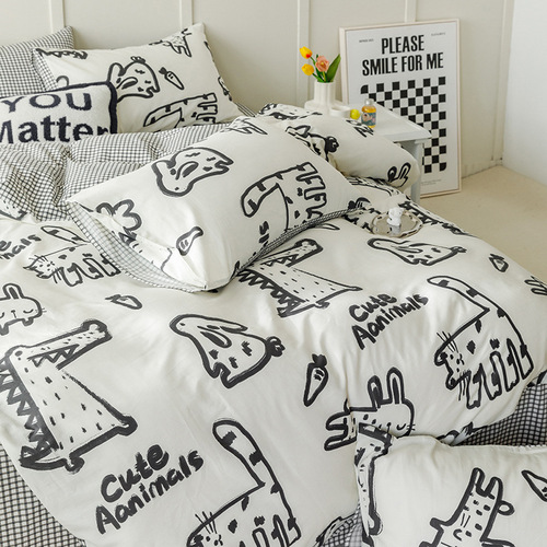 ins black and white graffiti crocodile kitten bed four-piece set pure cotton cartoon 1.5 quilt cover sheet three-piece set