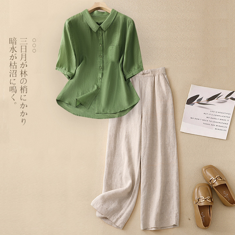 中年女性・お母さん向けの大きいサイズの夏服、カジュアルな綿麻スーツ、おしゃれな高級アシル麻シャツ、お腹カバー2点セット|undefined