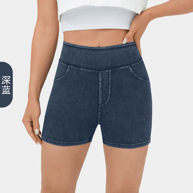 Pantalones cortos de yoga de mezclilla transfronterizos para mujer, cintura alta, bolsillos delgados para levantar la cadera, deportes para correr, pantalones casuales de tres puntos