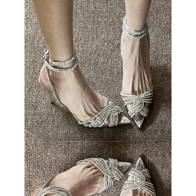 Прозрачный крест сверкающий стразы наконечный каблук женский 2024 новый баотоу фея ветра тонкие римские сандалии женский