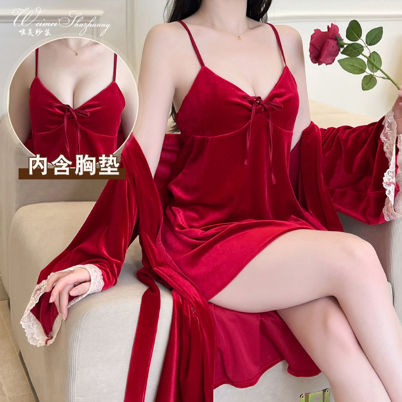 Autumn and Winter Sexy Nightgown with Breast Pads, Deep V Bow Suspender Pajamas, Velvet Home Clothes, Nightgown Outer Robe Set