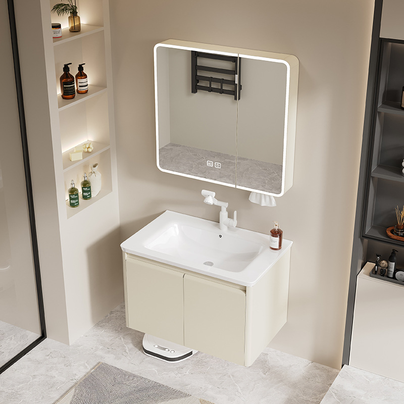 Gabinete de espejo inteligente de arco cerámico todo en uno crema de viento luz de niebla de baño espejo de acero inoxidable panal de panal gabinete de baño