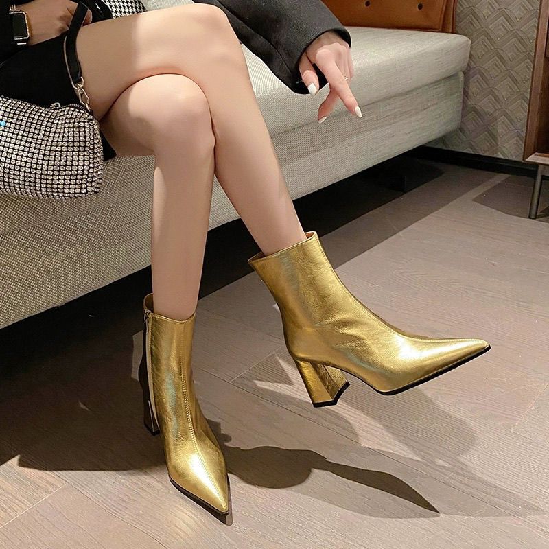 Thick-Heeled Retro Short Boots for Women, Niche Silver Pointed-Toe Fashion Boots, French Gold Genuine Leather High-Heeled Slim Boots
