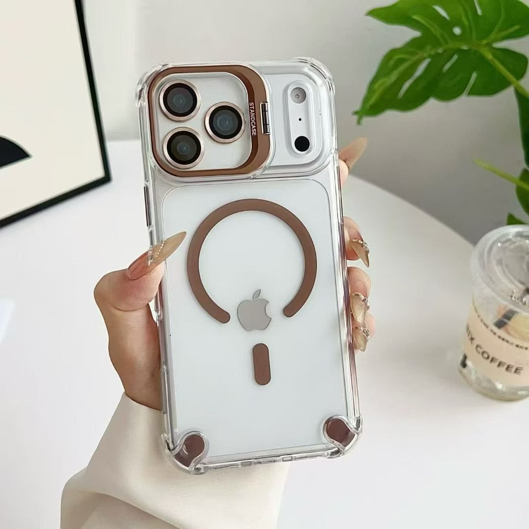 Aplicable a Apple 17PRO soporte de lente metálica de succión magnética caso de teléfono celular iPhone14 bolsas de aire cuadrangulares caso duro transparente