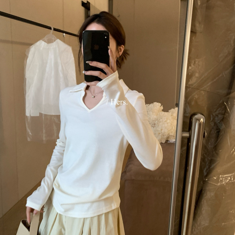 Hers One Spoon of Sweetness Korean-Style Small Lapel Long-Sleeve T-Shirt 2026 Spring New Slim-Fit Versatile Gentle Top