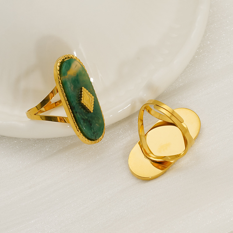 Estilo retro francés piedra natural elíptica anillo de acero inoxidable popular femenino anillo de concha natural apertura ajustable