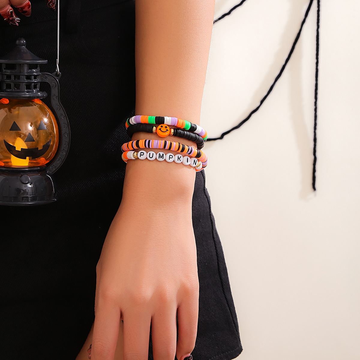 Bracelet de citrouille en perles d'Halloween, ensemble de bijoux de vacances en poterie souple, bracelet en dopamine élastique_voghion.com