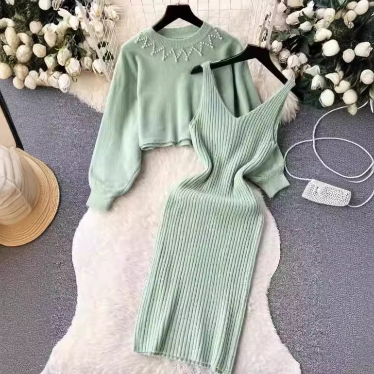 Women's Clothing temperament celebrity beaded high waist two piece sweater dress 2024 autumn and winter new knitted sweater suspender dress_voghion.com